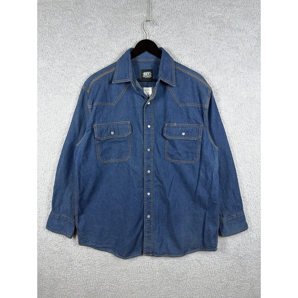 Key Denim Shirt Mens L‎ Blue Western Pearl Snap Long Sleeve Cowboy Workwear